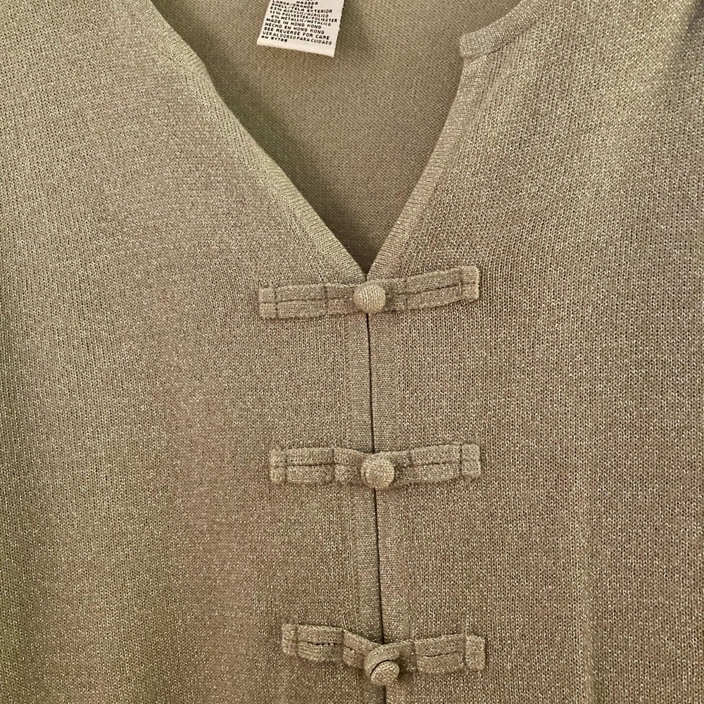 Sag Harbor Shimmery Silver V Neck Top Long Sleeve Formal Faux Buttons Size Large